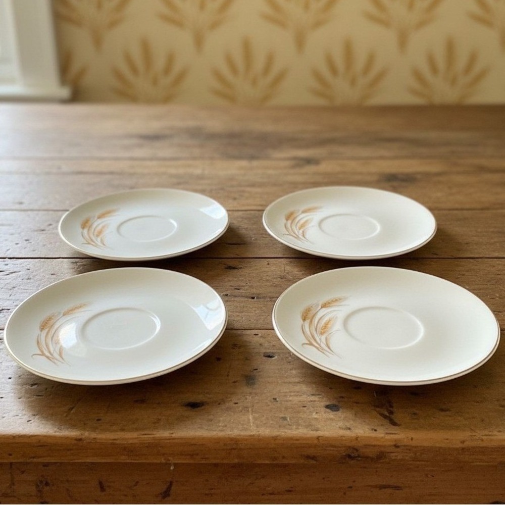 Homer Laughlin Golden Wheat 22K Gold Trim Saucers Vintage Set of 4 Bone China